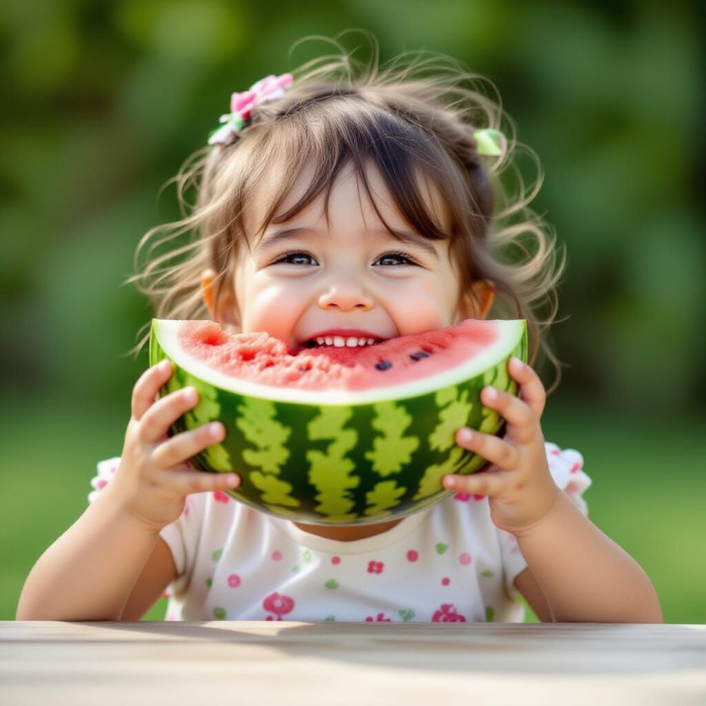 Joyful Toddler's Face Deep Inside a Watermelon