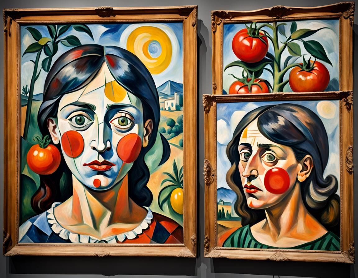 Surrealist tomato battle between Picasso's Dora Maar Portrai...