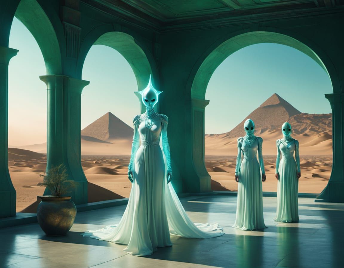 Alien Futuristic Witch with Women in Egyptian Dresses