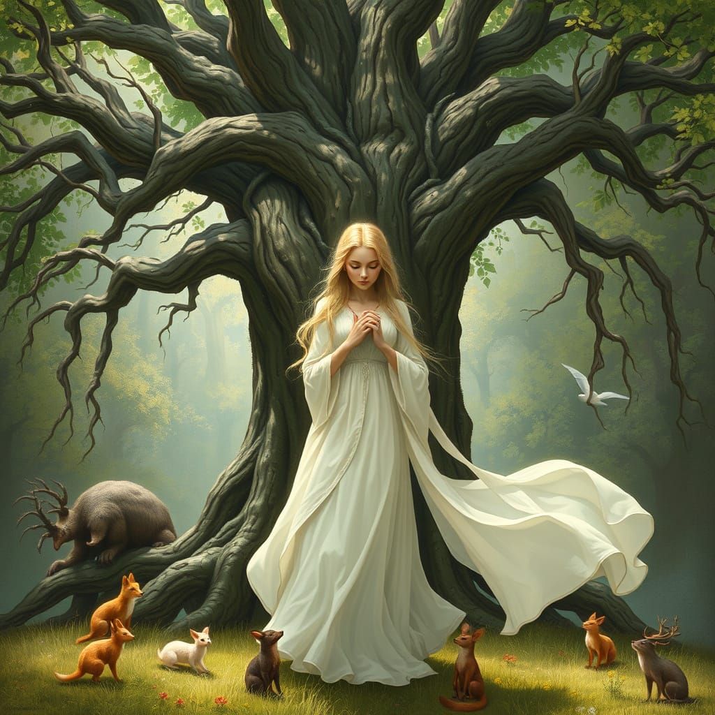 Ethereal Priestess Among Whimsical Woodland Creatures Under ...
