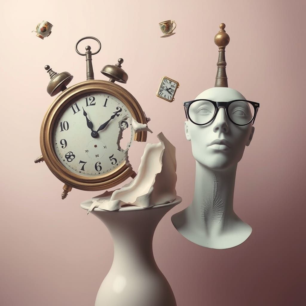 Surreal Dadaist Dreamscape with Melting Clock in Pastel Hues