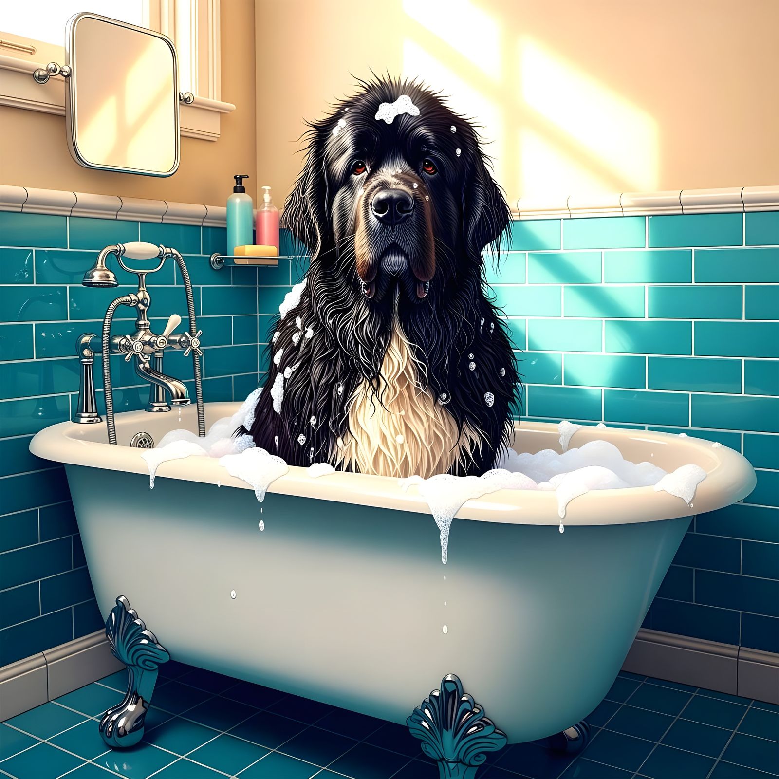 Happy Newfoundland Dog in Overflowing Bubble Bath