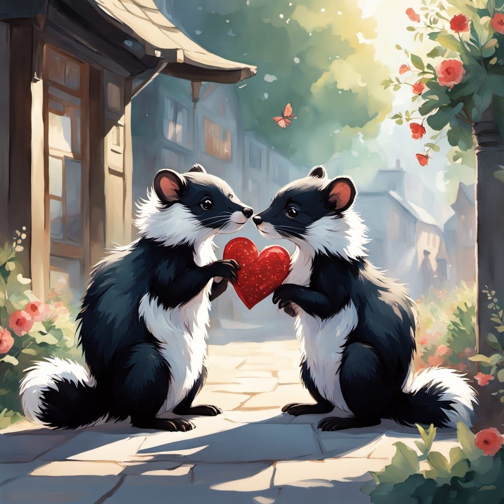 Skunks in Love Stroll Through Vibrant Town Square