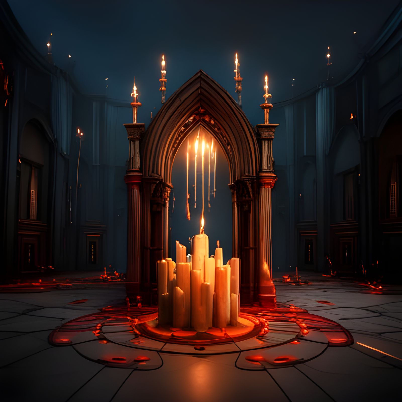 Dripping candle with an orange glow inside a dark gothic room