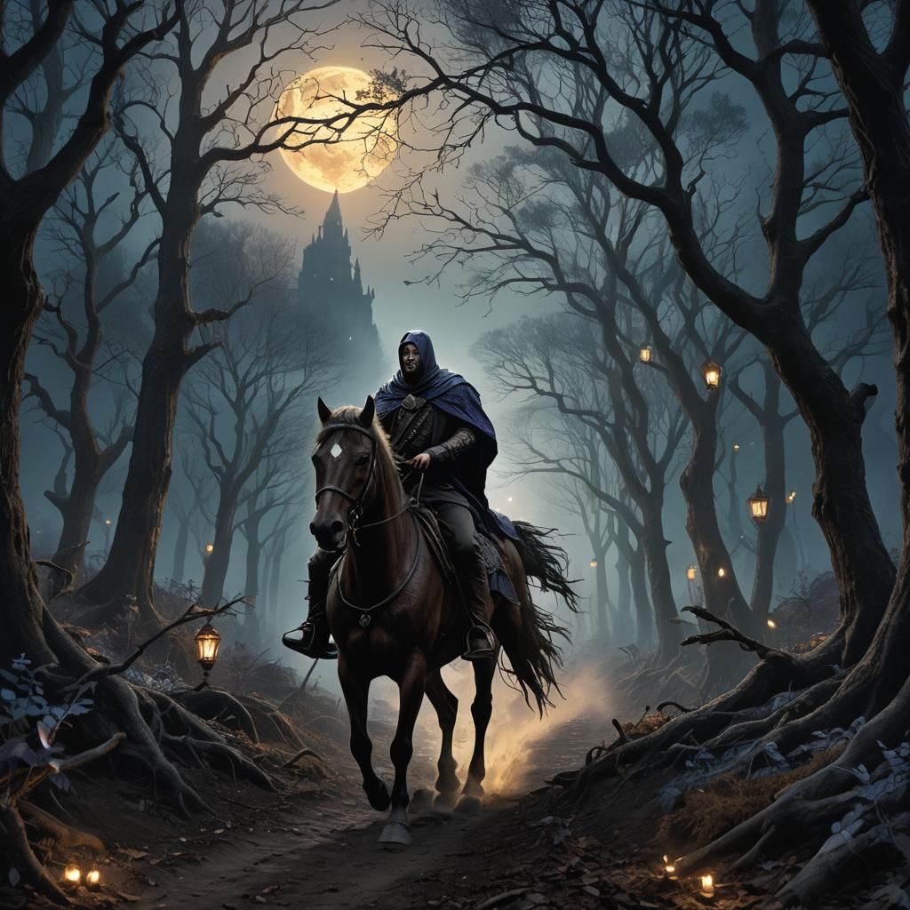 Horseman in Dark Forest: Fantasy Concept Art