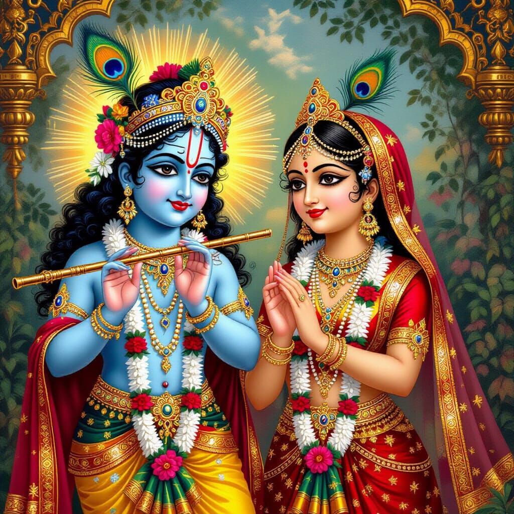 Radha Krishna Divine Childhood Traditional Indian Art