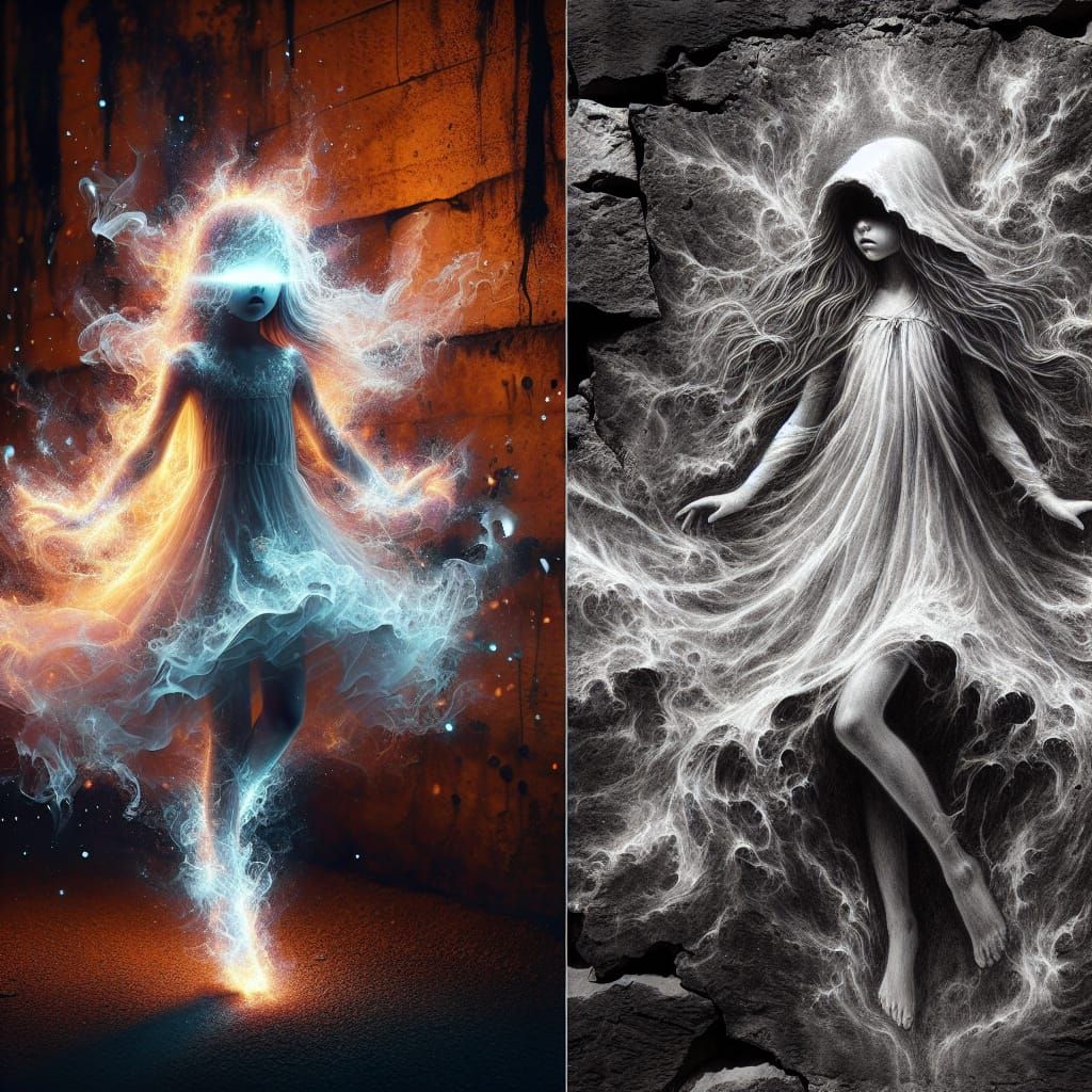 Ethereal Girl of Smoke and Ice with Pencil Sketch