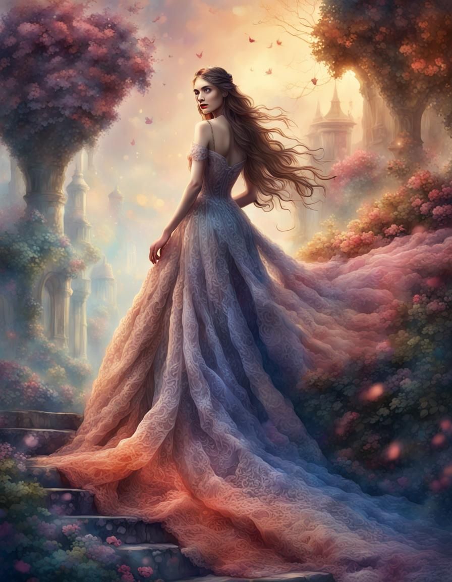 Fairytale Lady in Lace Dress: Watercolor Painting