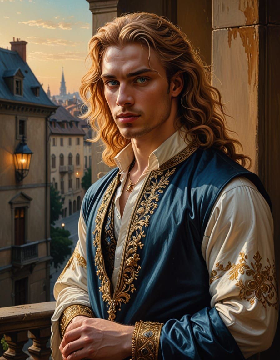 Handsome Prince in Lavish Golden Attire Stands on Balcony, P...