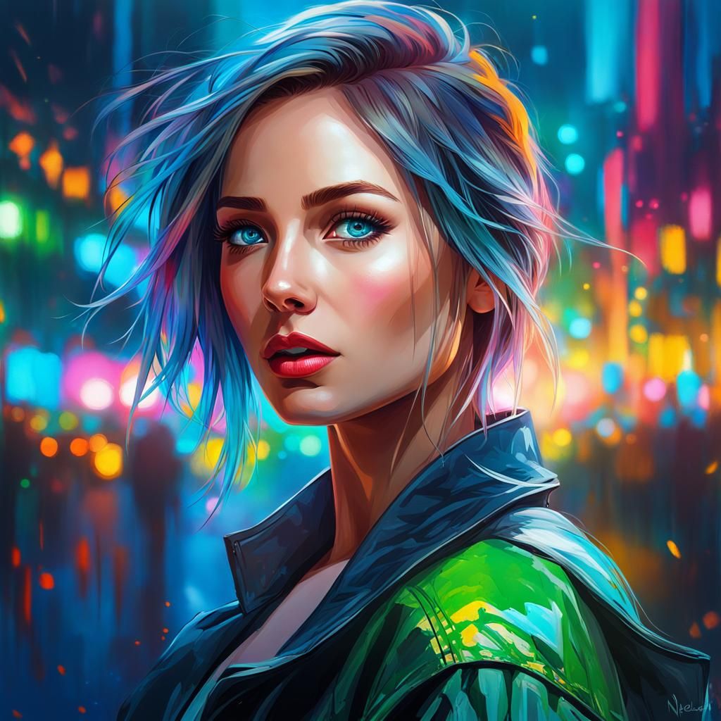 Futuristic Woman in Neon Cityscape: Holographic Portrait