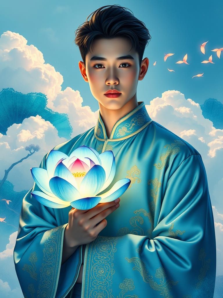 Chinese Man with Lotus Flower in Dreamy Blue