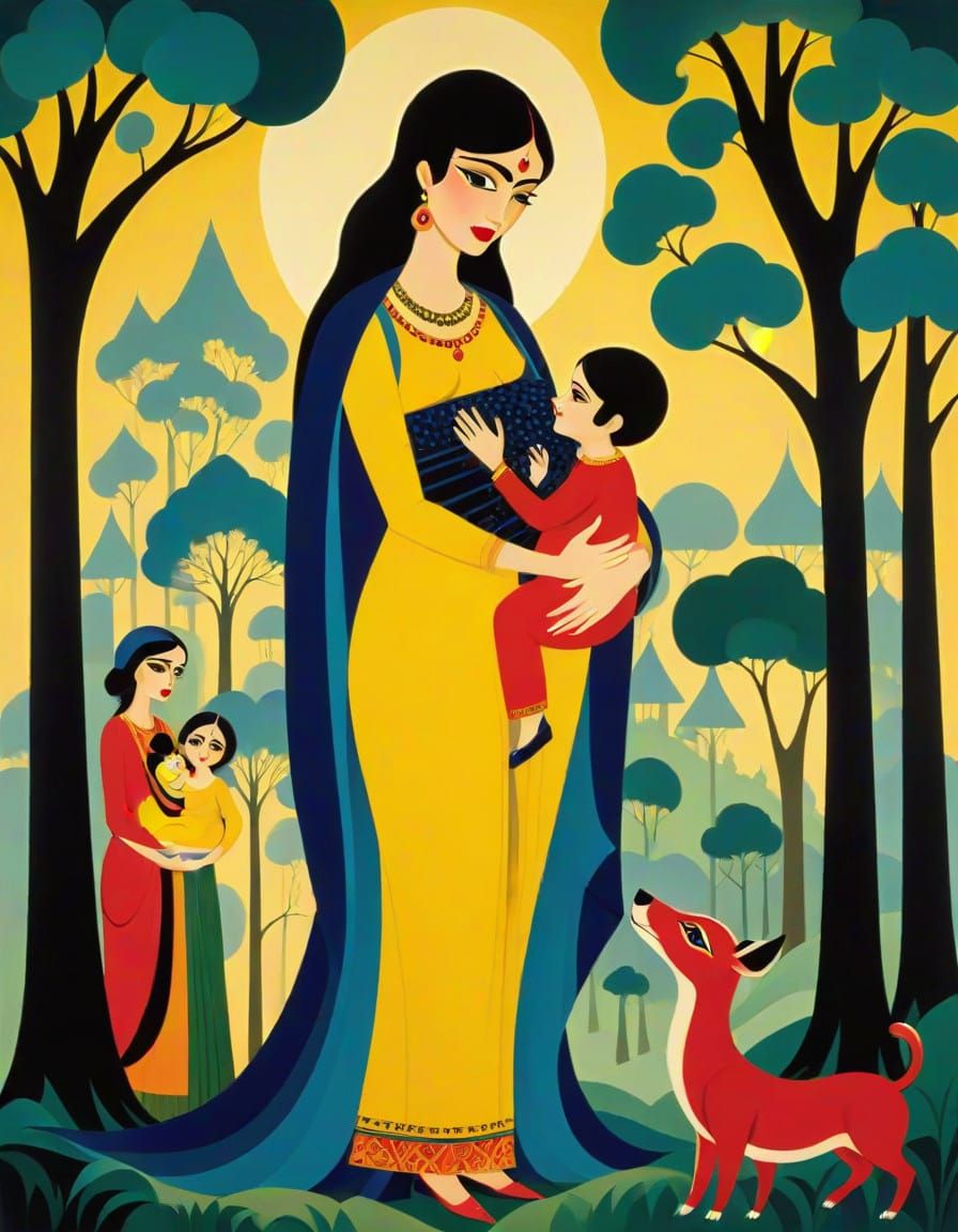 Mother's Love in Vibrant Kalighat Style