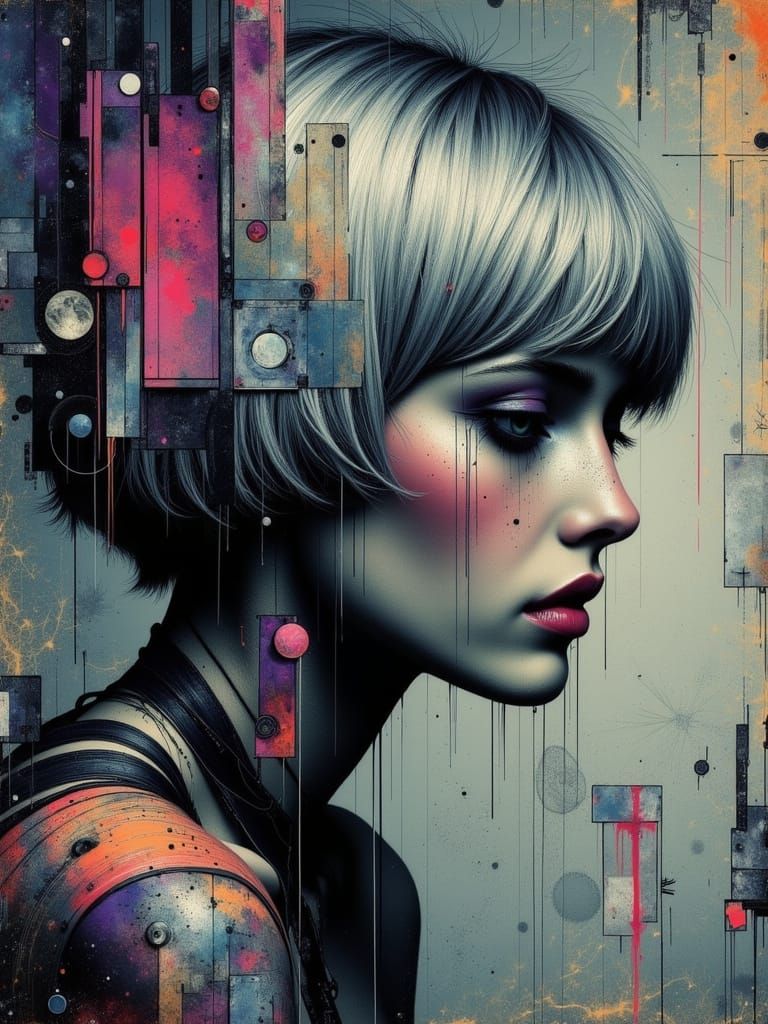 Abstract Gothic Woman Portrait in Mixed Media Style