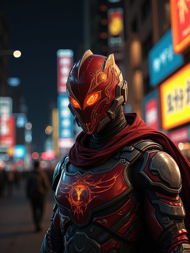 Red Armored Hero With Fireball Emblem in Anime Style