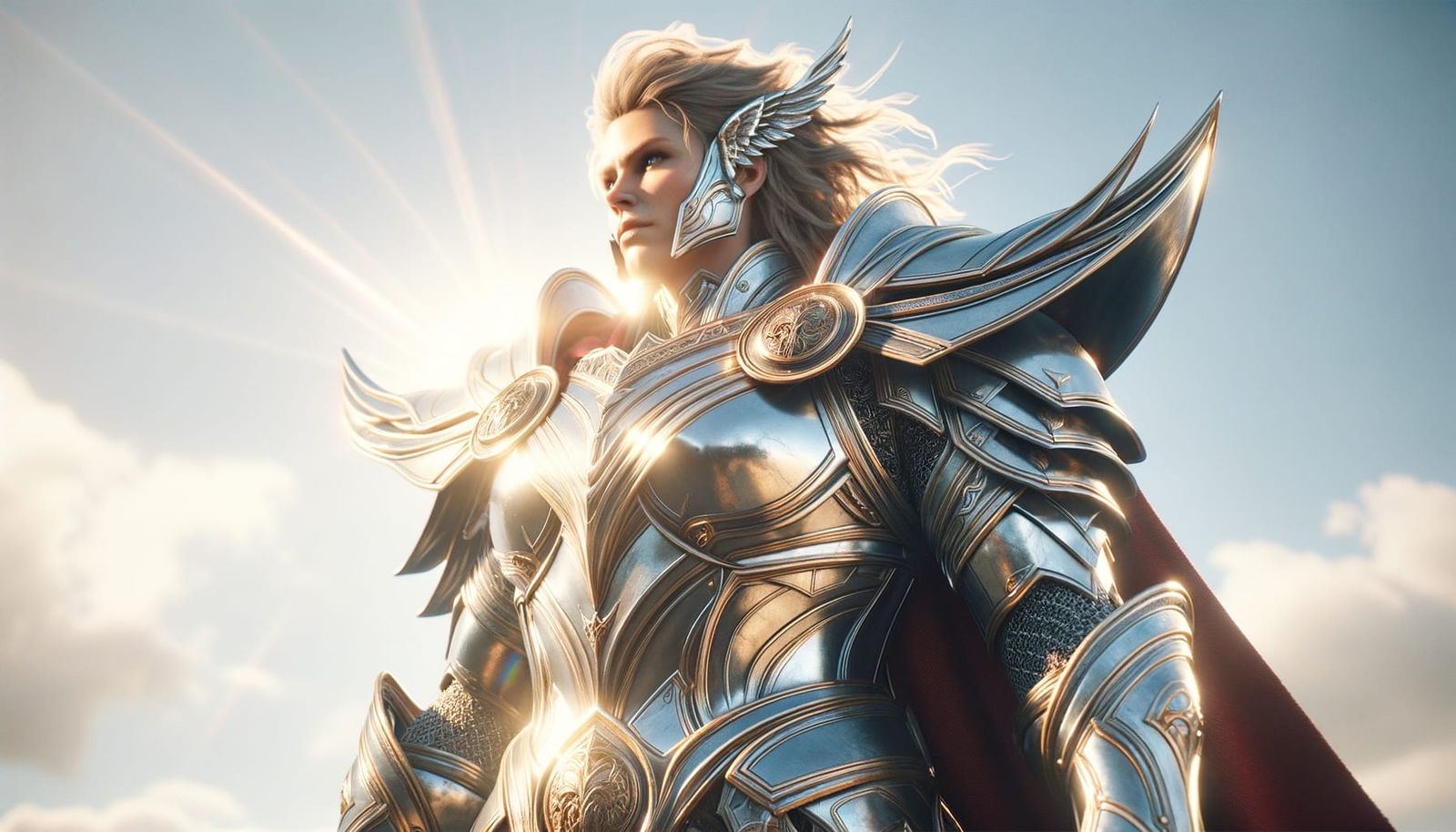 A heroic valkyrie standing proud in full armor, the armor is...