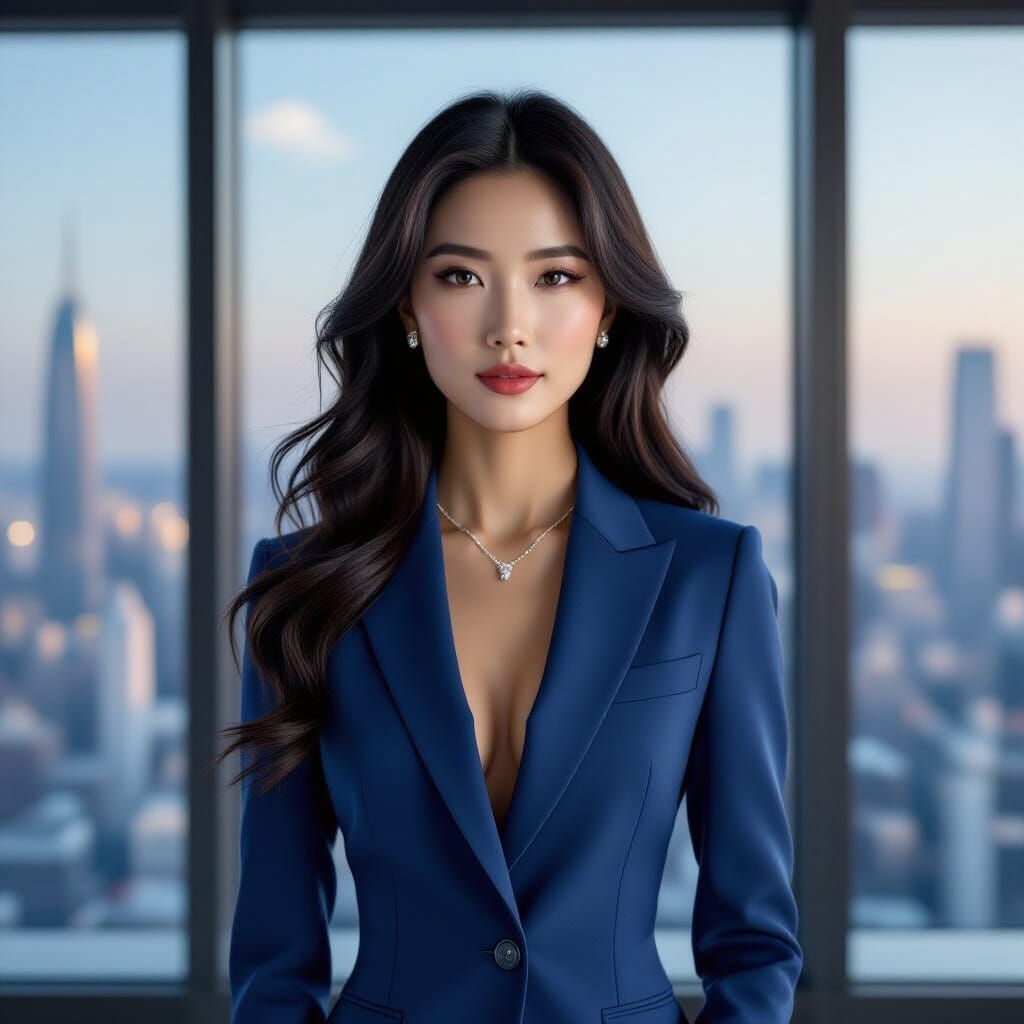 Confident Woman in Blue Suit: Hyperrealistic Cinematic Portr...