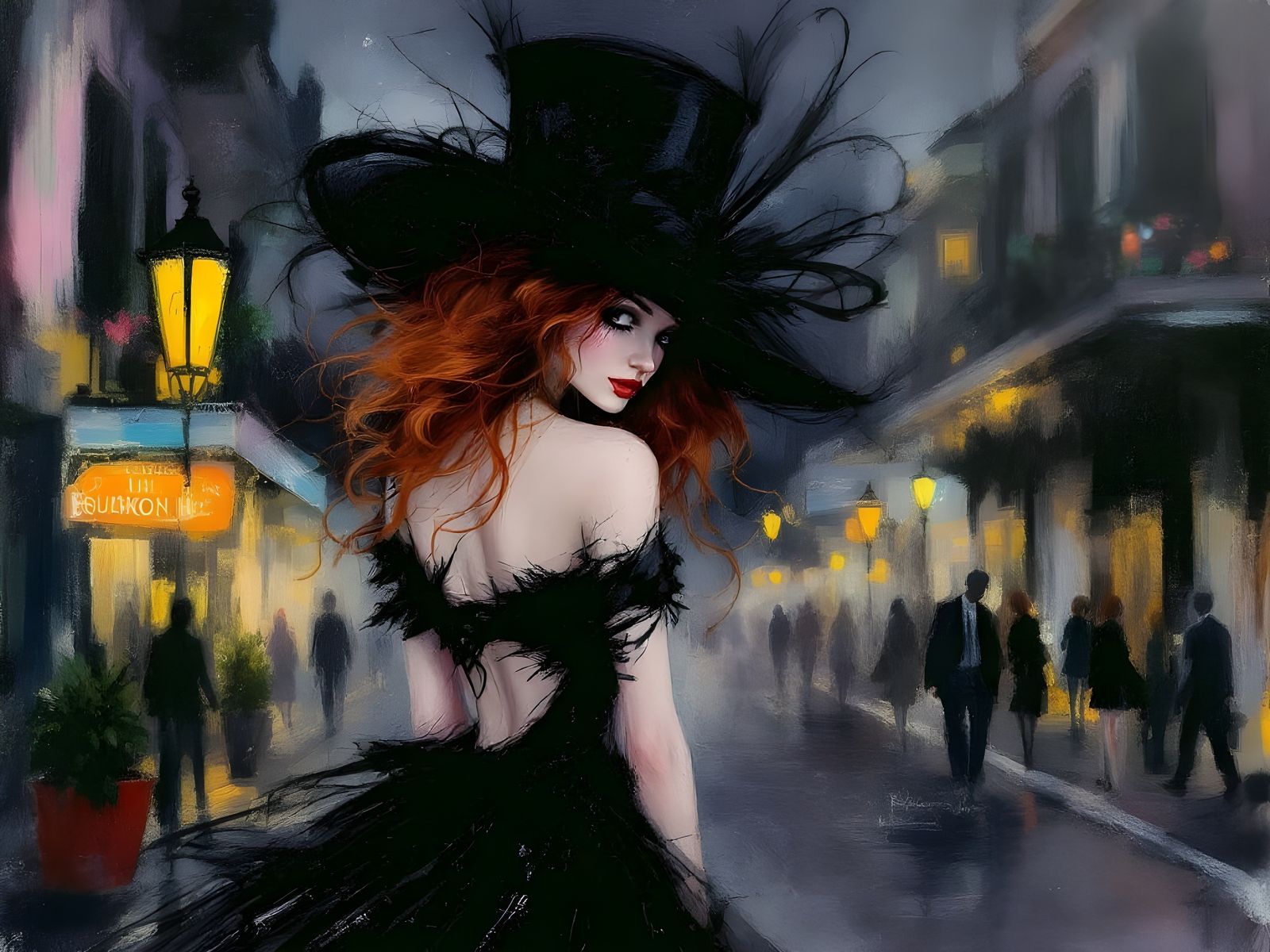 Surreal Nighttime Scene on Bourbon Street