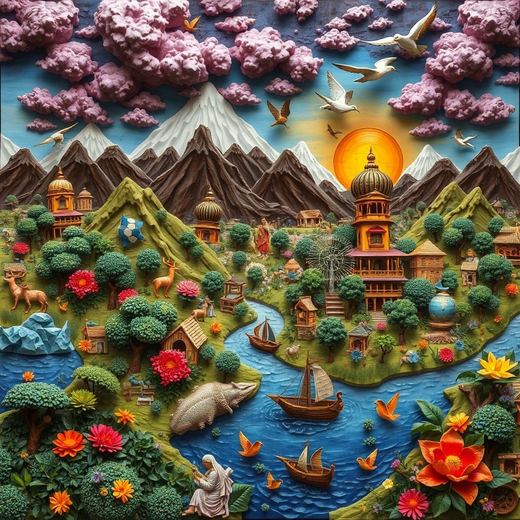 Psychedelic 3D Collage Landscape with Ancient Civilization