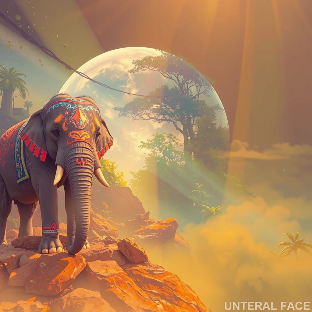Majestic Elephant in Ancient Rainforest, Hyperrealistic Styl...