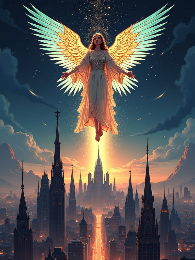 Celestial Being Above Futuristic City in Art Nouveau Style