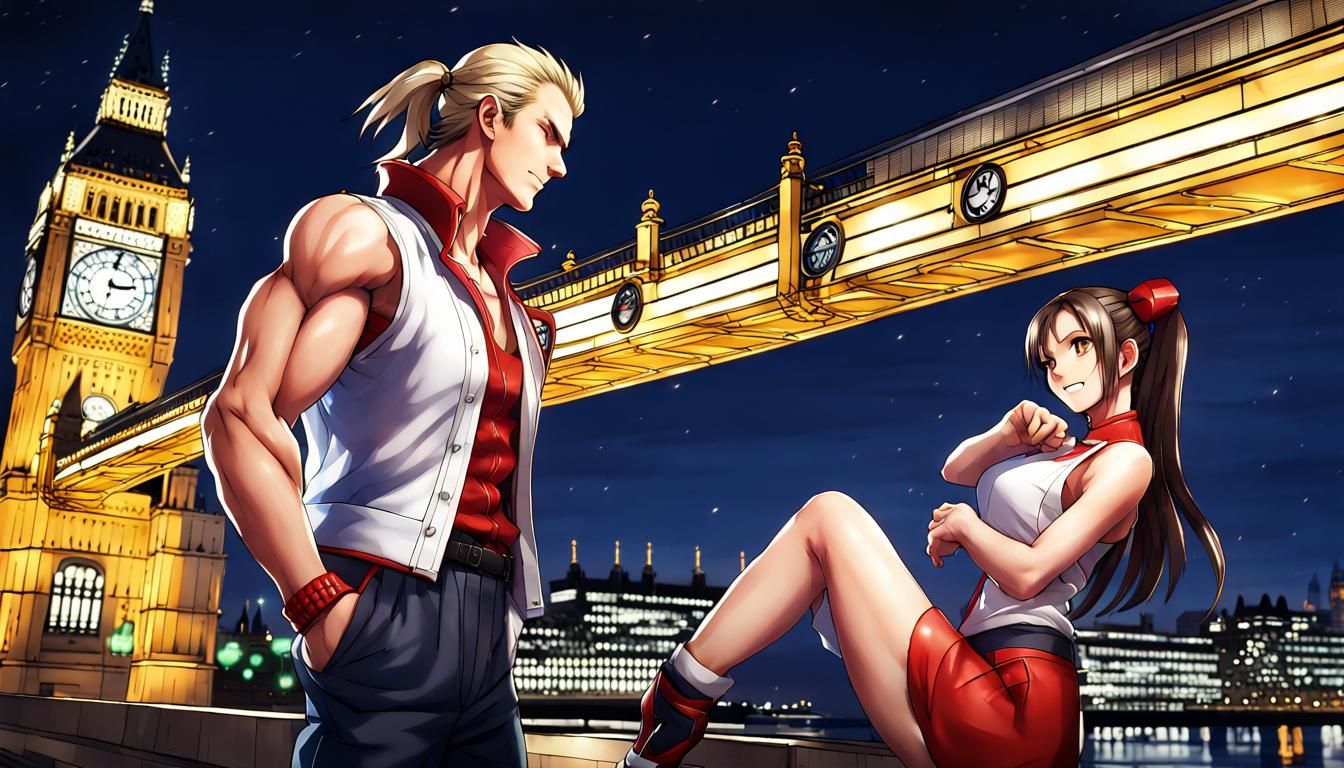 Mai Shiranui and Andy Bogard at Big Ben in Anime Style