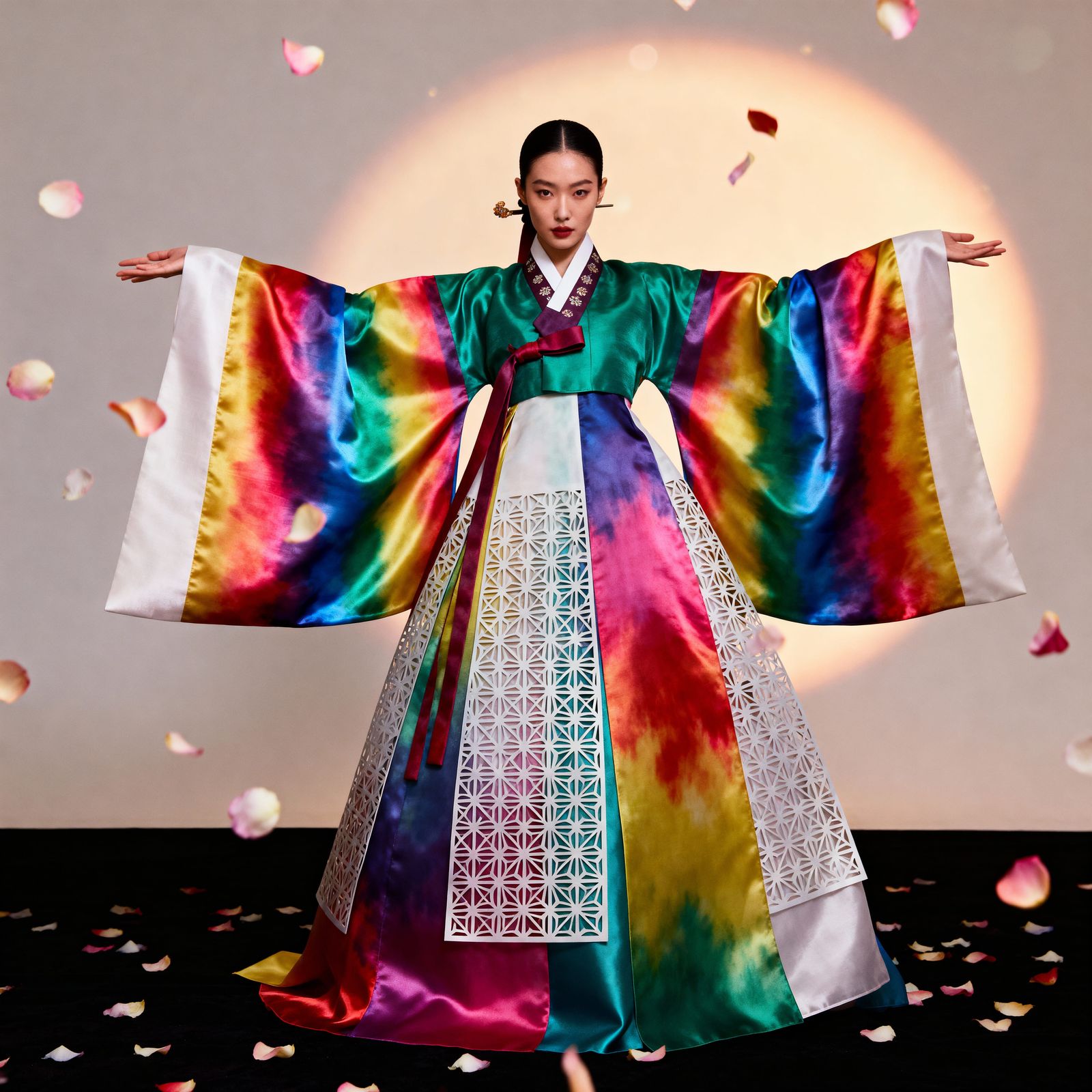 Elegant Model in Psychedelic Hanbok with Rainbow Silk