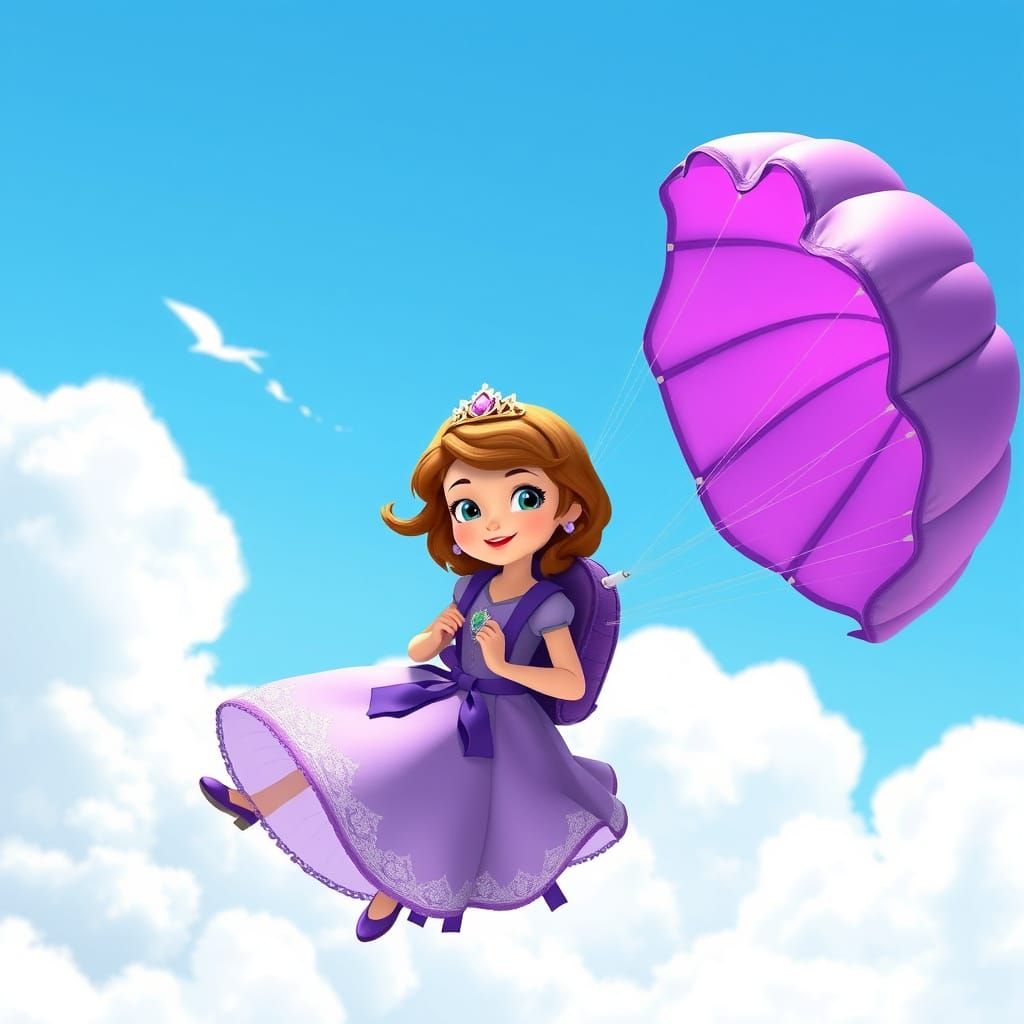 Princess Sofia Soaring with Purple Parachute, Disney Style