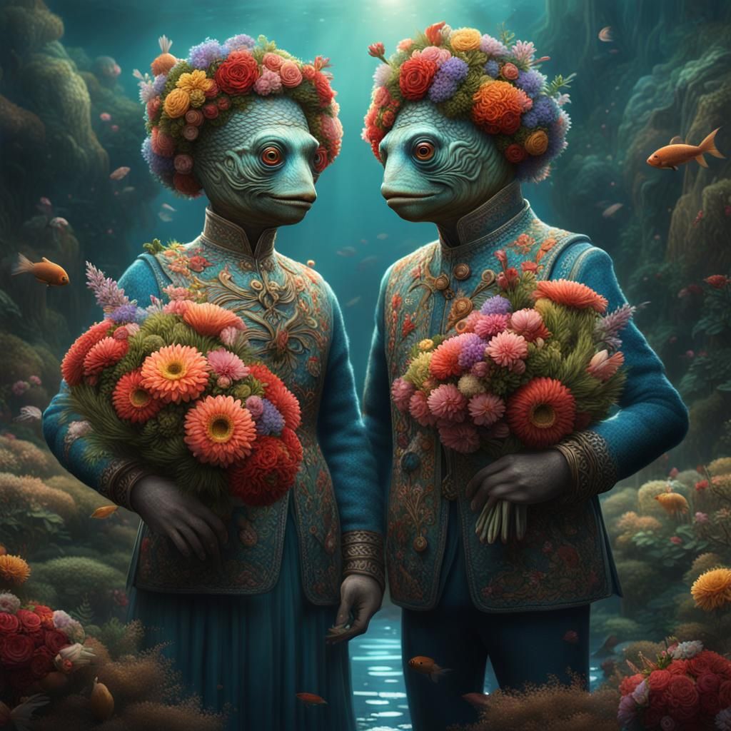 Anthropomorphic Fish Couple in Detailed Matte Painting