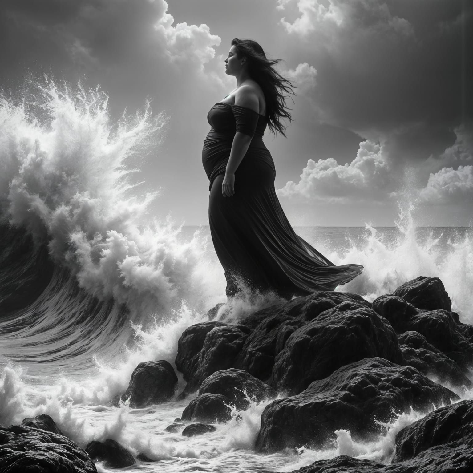Serene Plus-Size Woman Silhouetted Against Turbulent Ocean W...