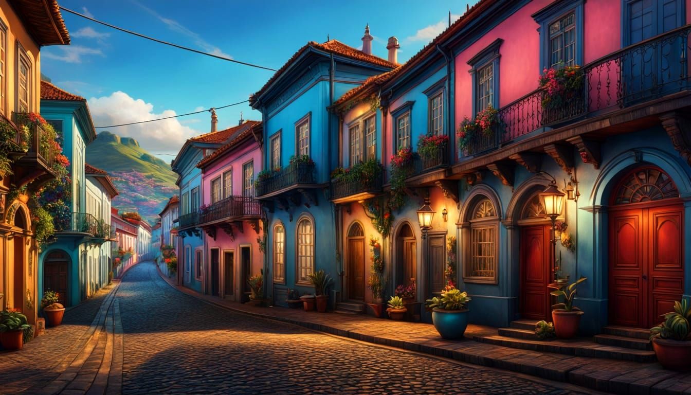 Colorful Colonial Architecture in Holographic Illustration