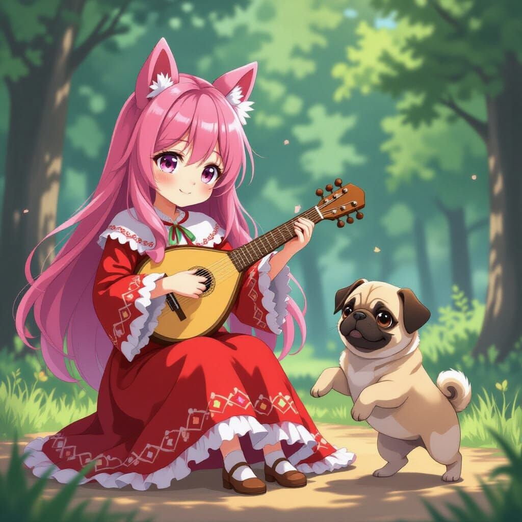 Anime Girl with Horse Ears Plays Balalaika with Dancing Pug