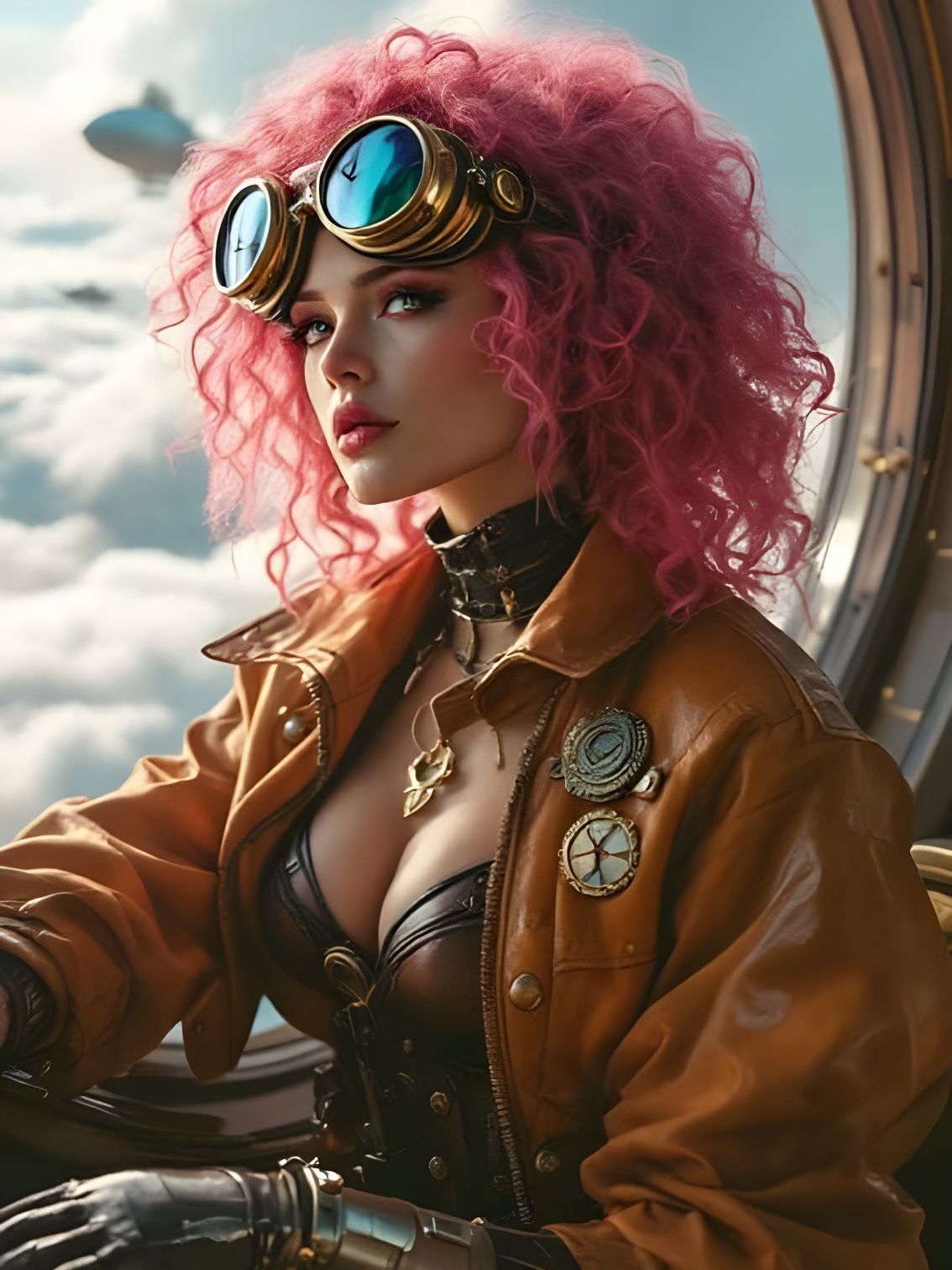 Steampunk Aviatrix in Floating Sky Kingdom, Hyper-Detailed P...
