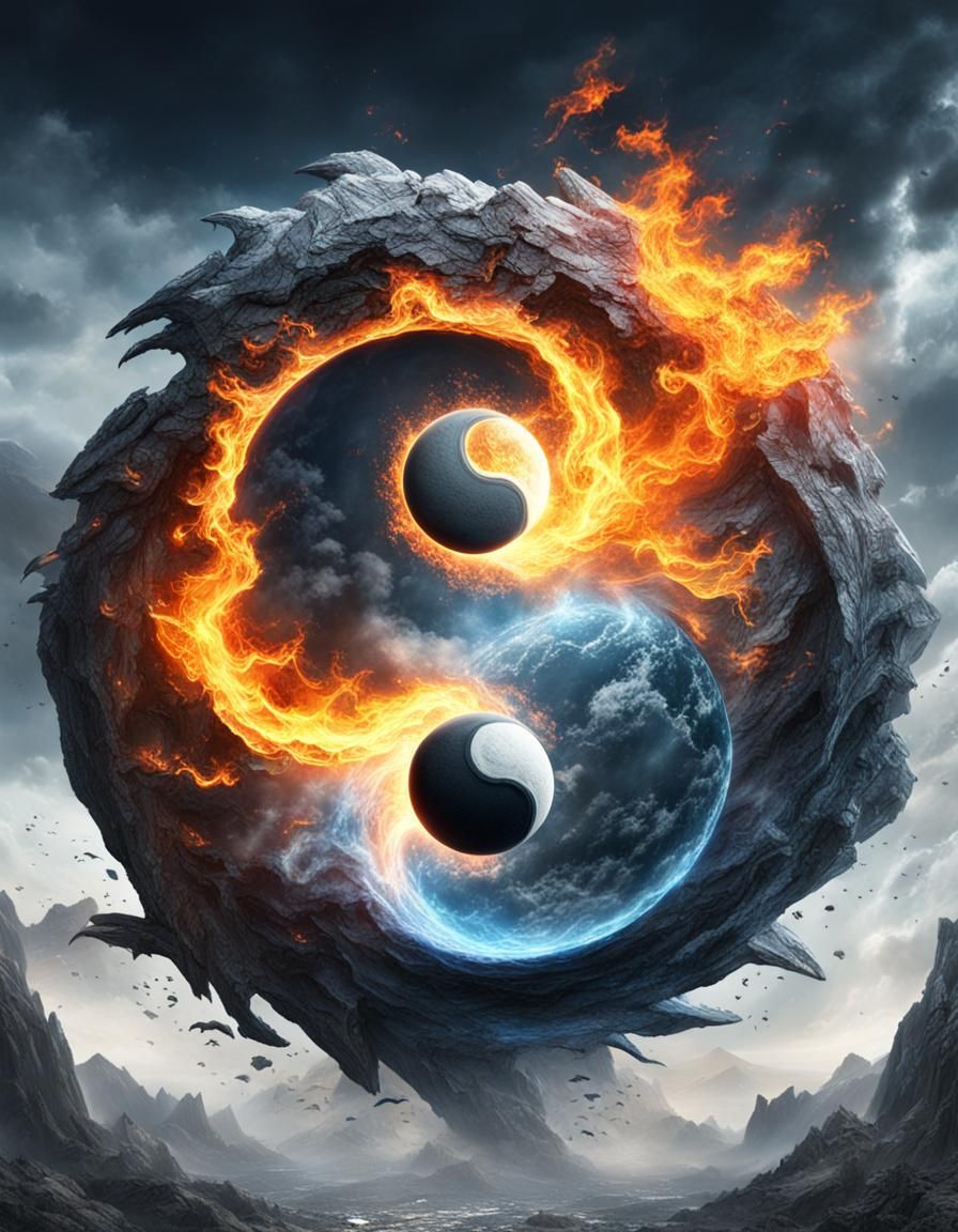 Yin Yang with Fire, Ice, and Moons