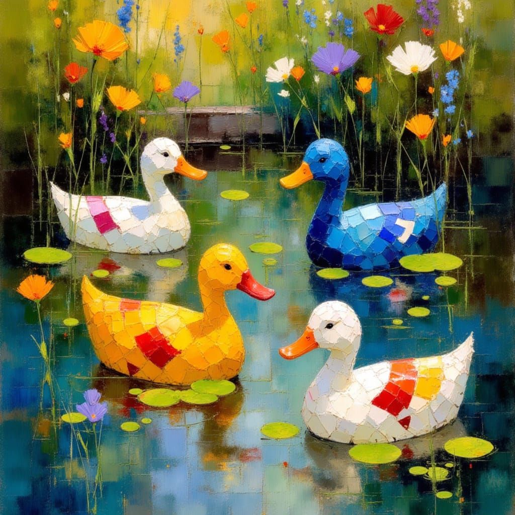 Vibrant Mosaic Ducks in Tranquil Pond