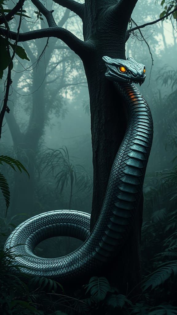 Angry Snake-Android Hybrid Slithers Through Jungle at Dusk