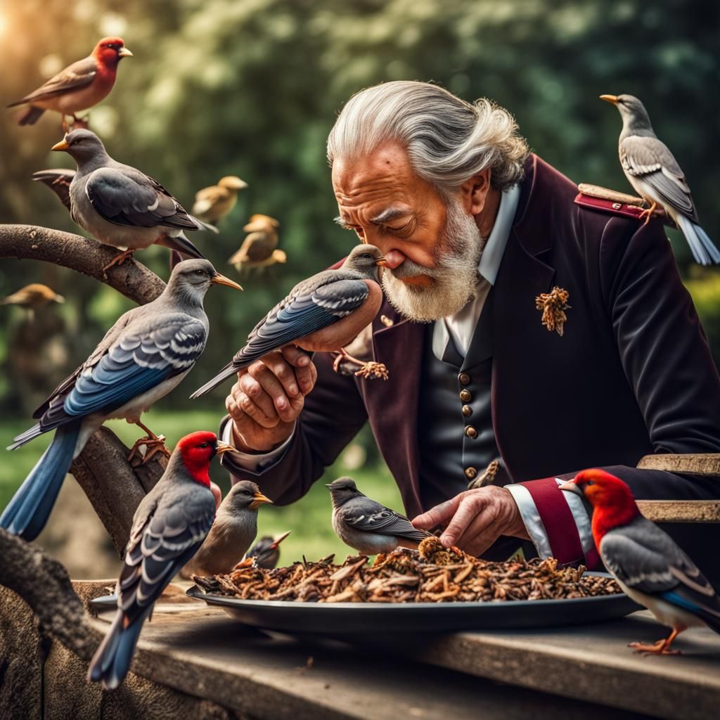 Italian King Feeds Birds: Hyperrealistic 64 Megapixel Image