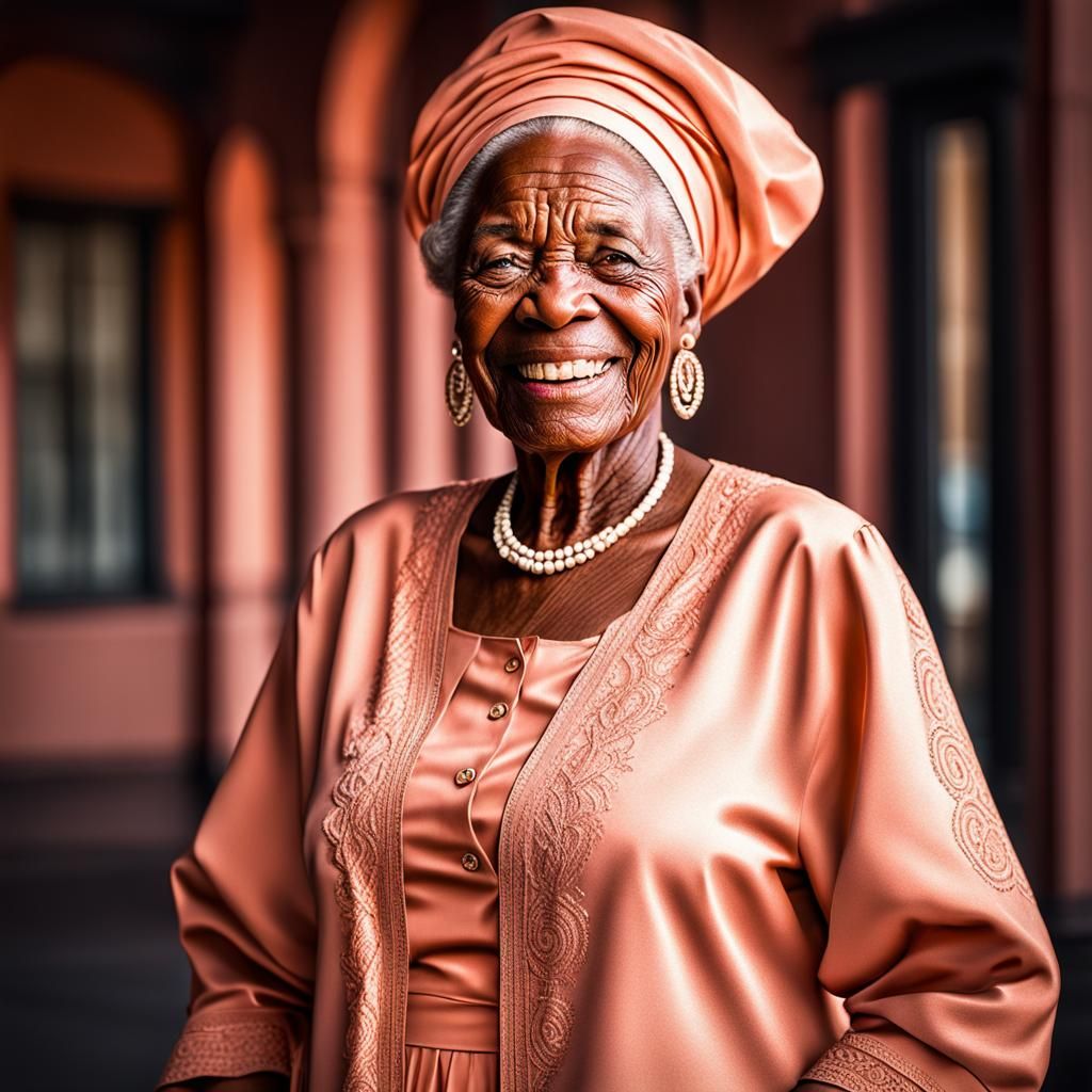 Happy Elderly Woman in Peach Clothes, Hyperrealistic Portrai...