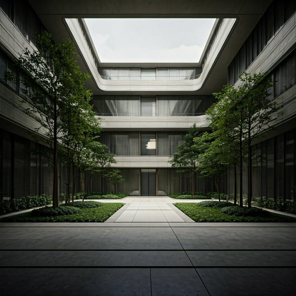 Space Age Courtyard with Lush Garden: Hyperrealistic Archite...