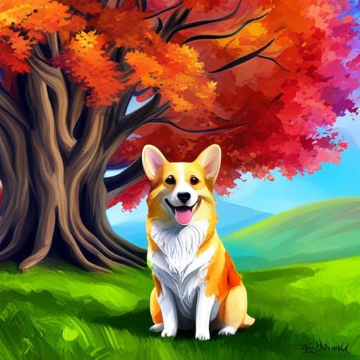 Corgi Dog Under Autumn Tree: 8k Concept Art