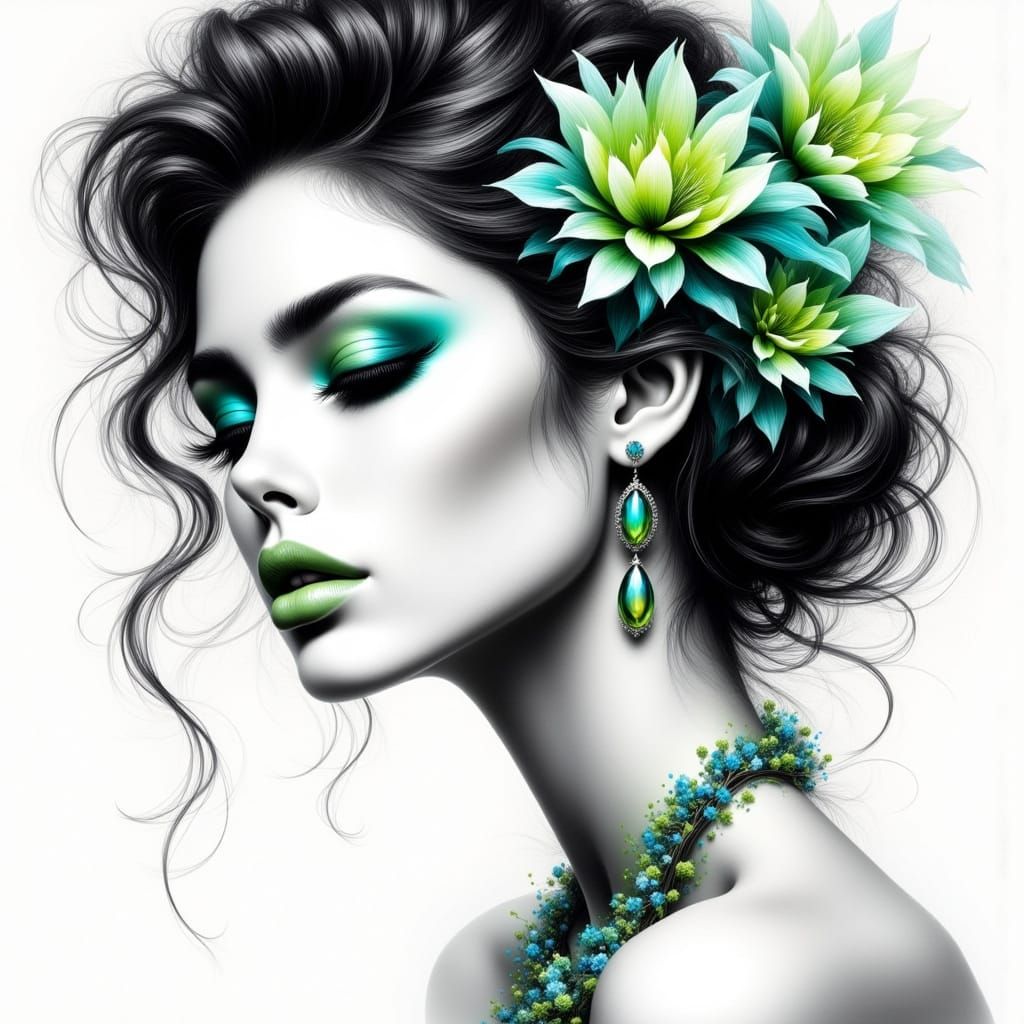 Monochrome Portrait with Turquoise Accents in Fashion Illust...