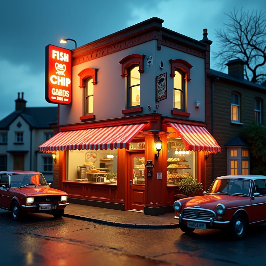 1980s UK Fish and Chip Shop at Dusk