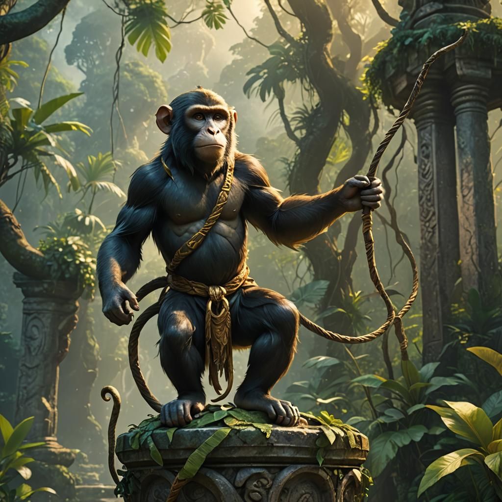 Monkey with Whip in Jungle, 3D Render