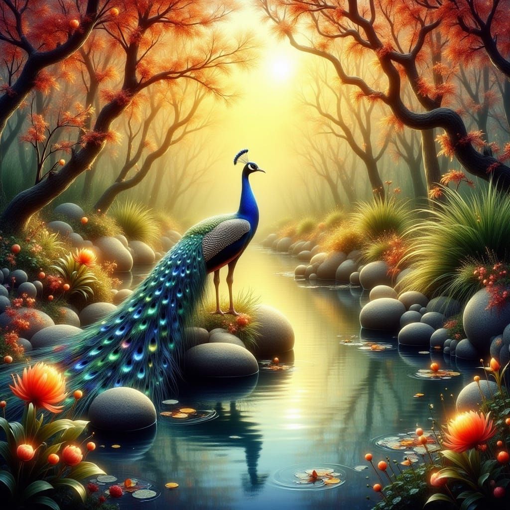 Majestic Peacock in Golden Oriental Garden
