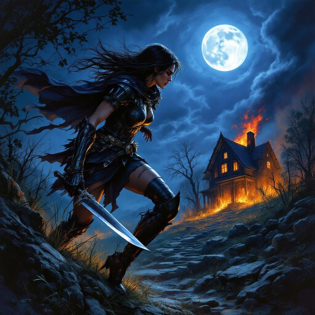 Armored Woman Creeping Past Burning House