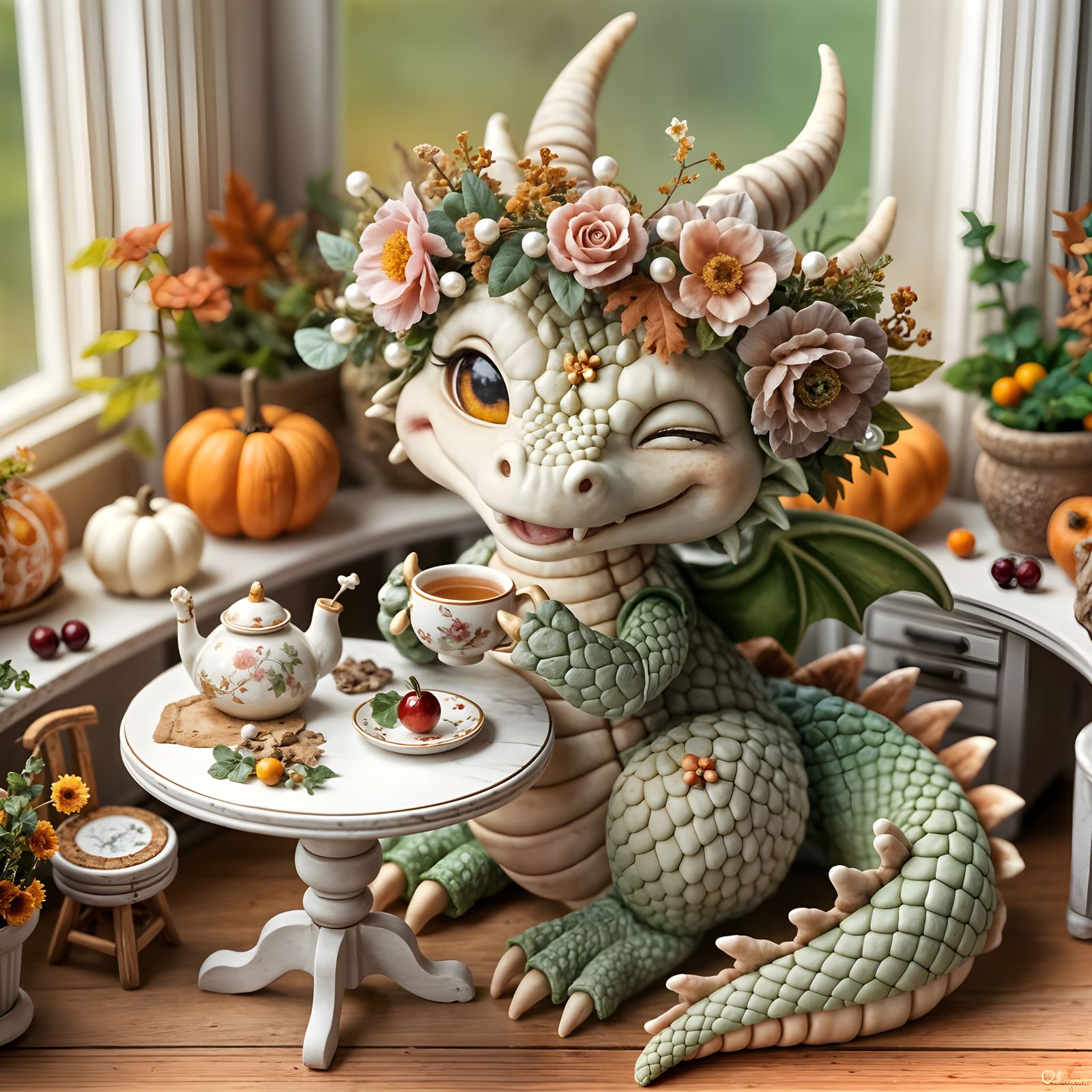 Charming Dragon Enjoys Tea in Autumn Cafe