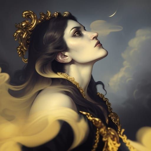 Baroque Oil Painting of Moon and Swirling Cloud