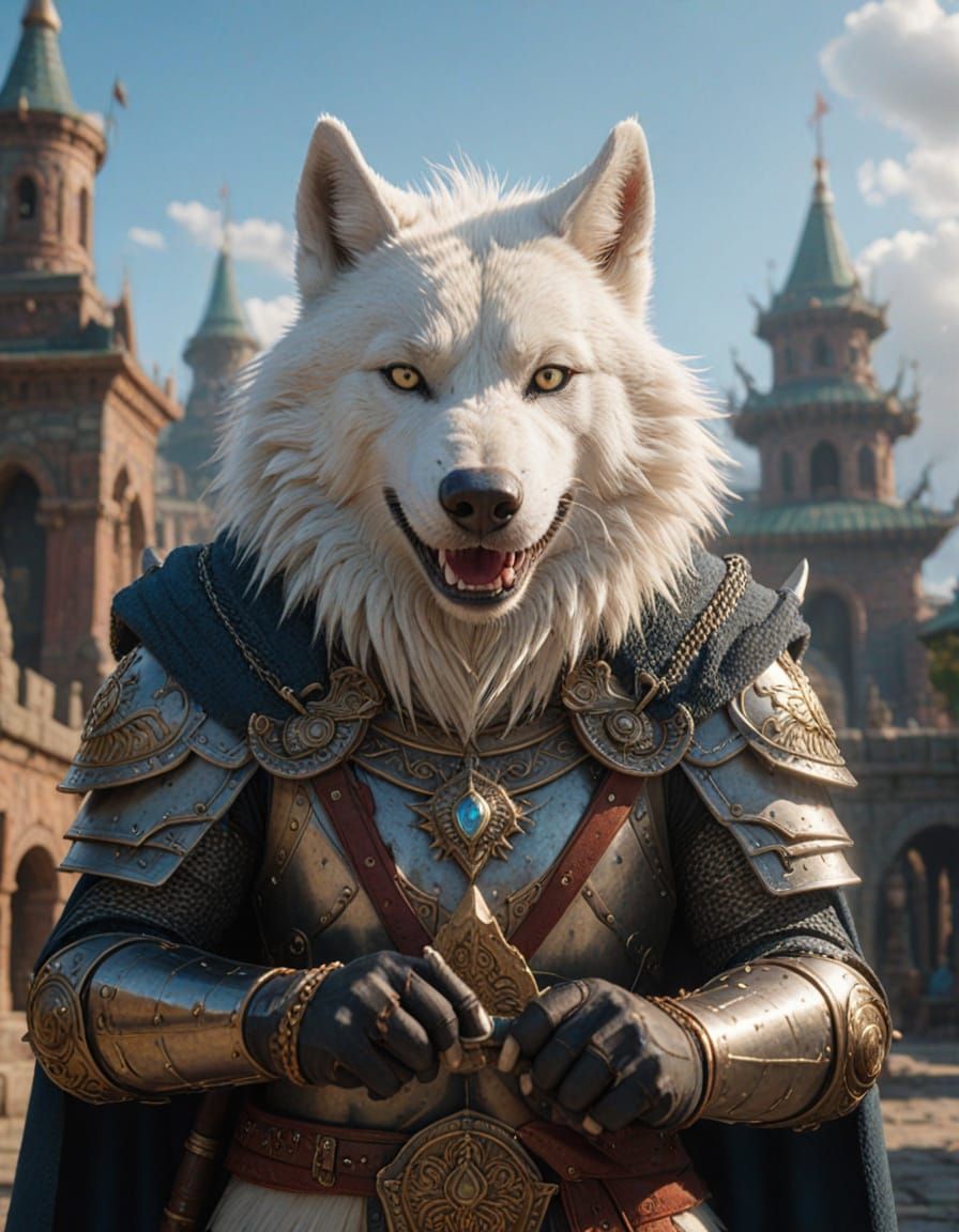 Armored Albino Wolf Crusader in Ancient Temple