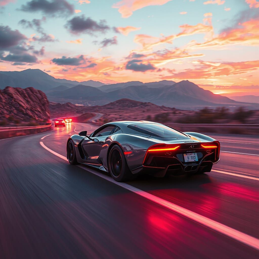 Futuristic Car Speeds Down Neon Highway