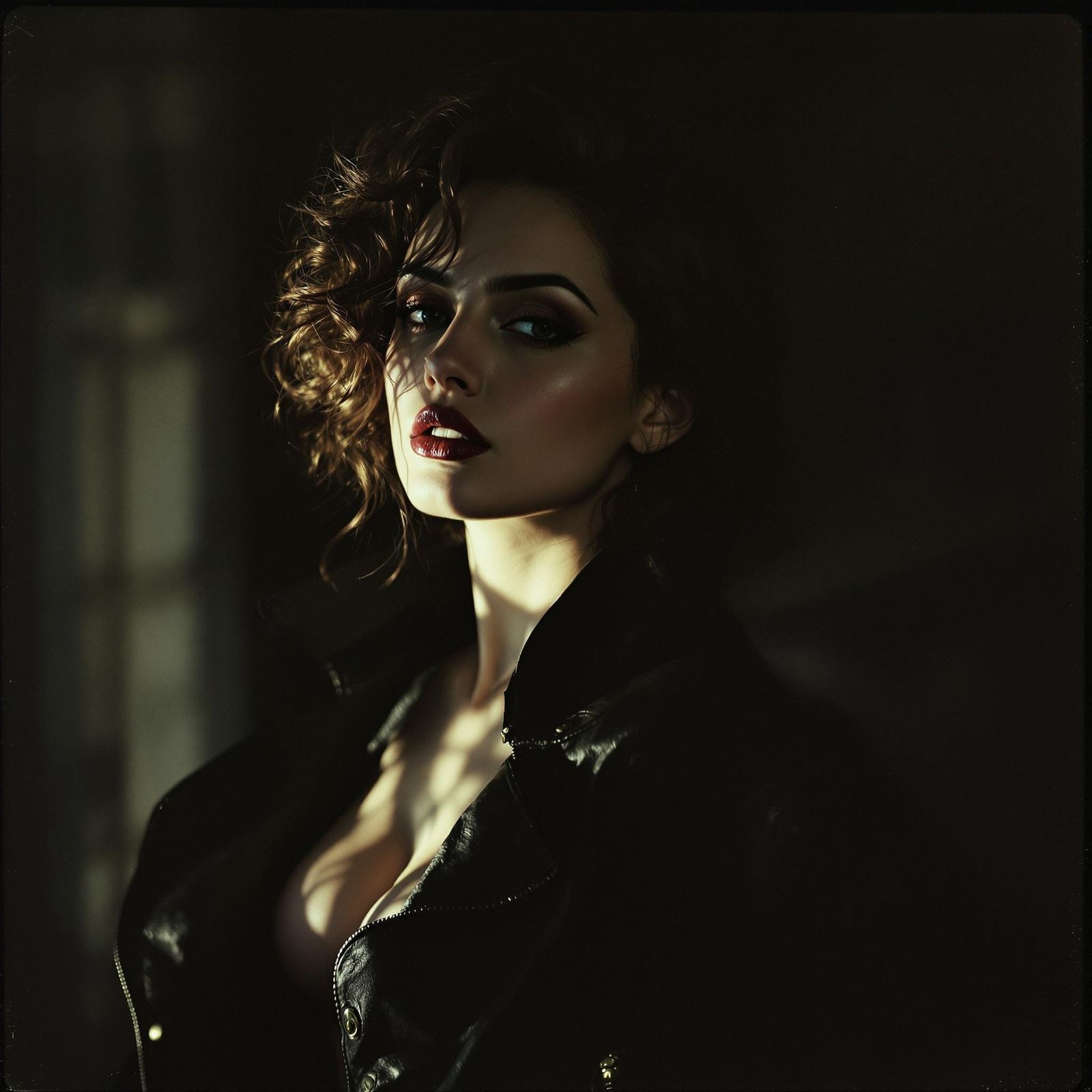 Elegant Woman in Leather Jacket: Art Nouveau Portrait