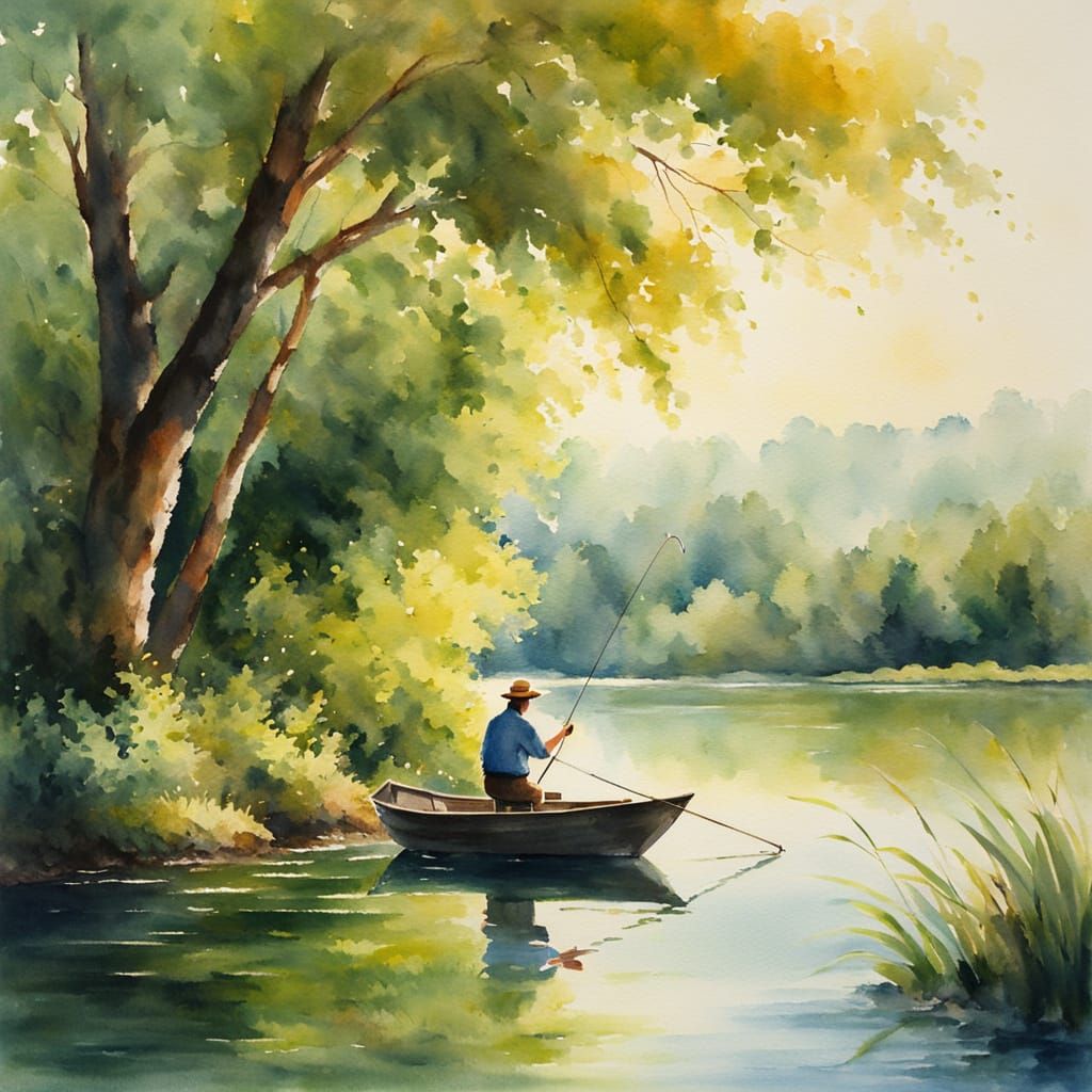 Man Fishing at Pond in Watercolour Painting